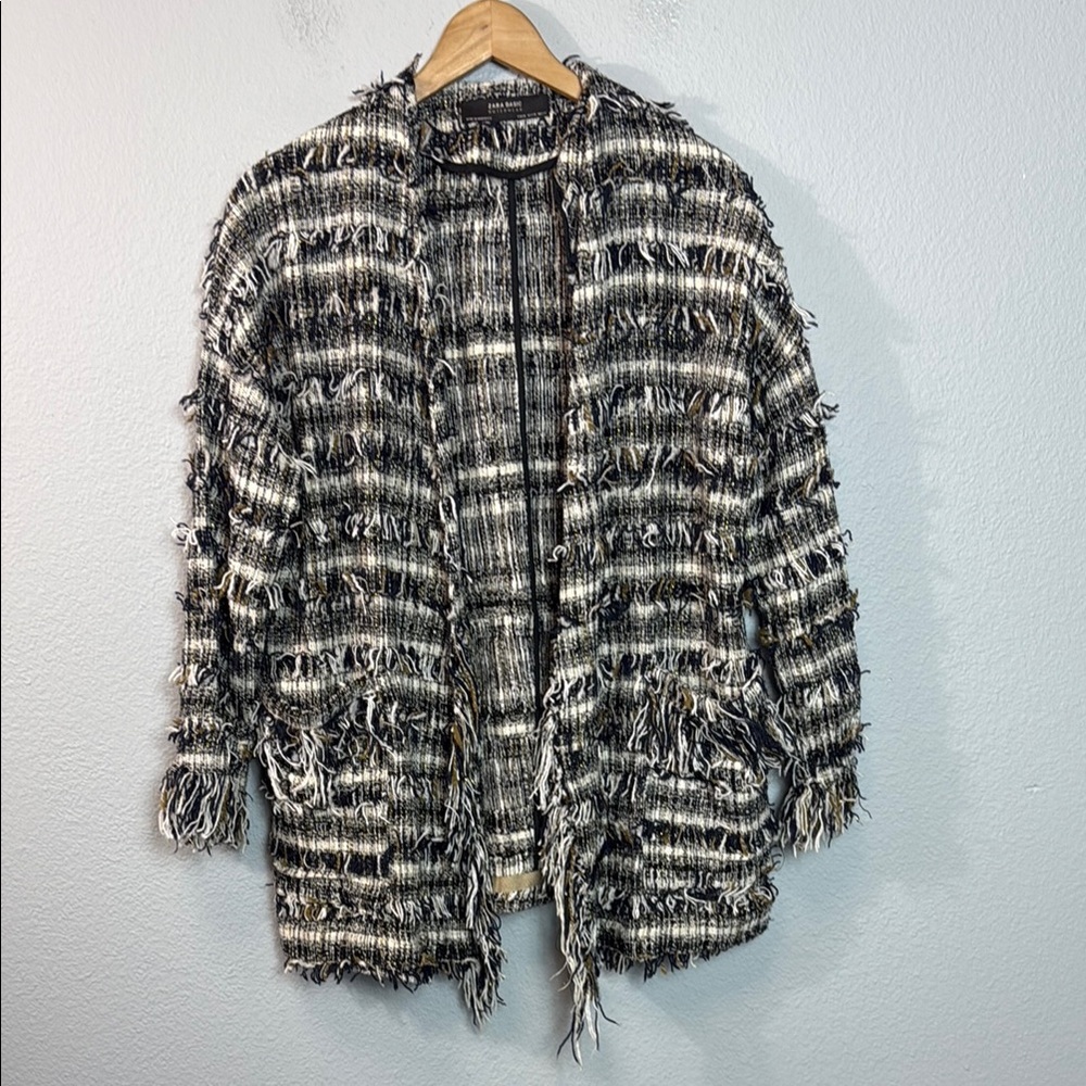 Zara Tweed Open Front Fringe Jacket